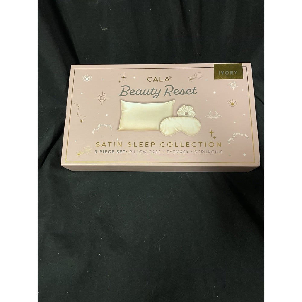 Cala Beauty Reset 3 Pc Satin Sleep Set Pillow case, Eyemask & Scrunchie (Ivory)